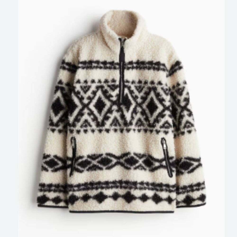 Warm Jacket Half-Zip Ivory Black Patterned - image 1